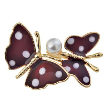 Červeno zlatá brož motýlci s perličkami JZPI0071