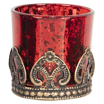 Červený skleněný svícen na čajovou svíčku s kovovým zdobením -Ø  5*5 cm 6GL2633
