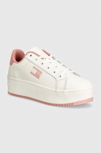 Kožené sneakers boty Tommy Jeans TJW FLATFORM ESS růžová barva, EN0EN02518