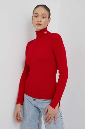 Svetr z vlněné směsi Calvin Klein Jeans dámský, červená barva, lehký, s golfem