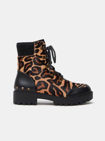 Hnědé dámské kožené kotníkové boty s leopardím vzorem Desigual Biker Leopard