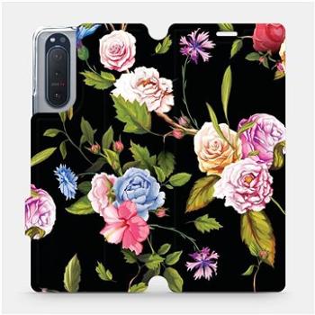 Flipové pouzdro na mobil Sony Xperia 5 II - VD07S Růže a květy na černém pozadí (5903516399673)