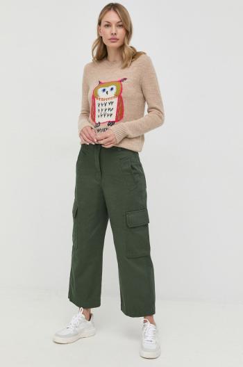Bavlněné kalhoty Weekend Max Mara dámské, zelená barva, kapsáče, high waist