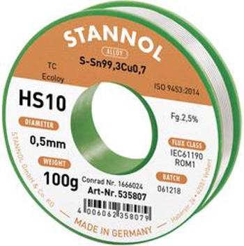 Bezolovnatý pájecí cín Stannol HS10 2,5% 0,5MM SN99,3CU0,7 CD 100G, bez olova, cívka, 100 g, 0.5 mm