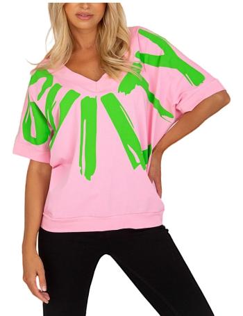Světle růžové dámské tričko se zeleným potiskem vel. ONE SIZE