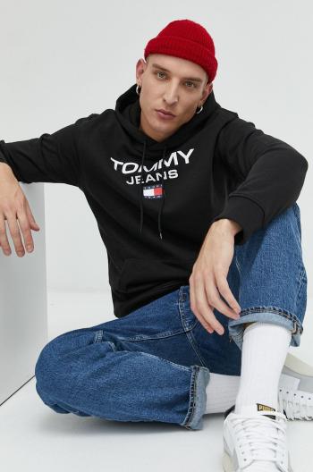 Bavlněná mikina Tommy Jeans pánská, černá barva, s kapucí, s aplikací