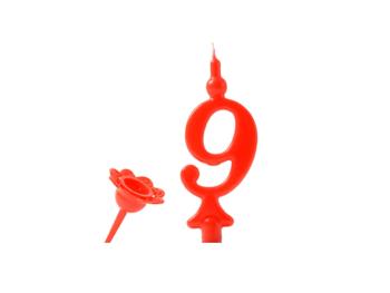 Narozeninová svíčka se zapichovacím stojánkem - Číslice červená 9 - Modecor