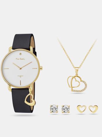 Sada dámských hodinek s koženým páskem a šperků ve zlaté barvě Pierre Cardin