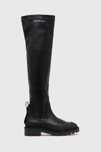 Kozačky Calvin Klein Jeans Combat Knee Boot dámské, černá barva, na plochém podpatku