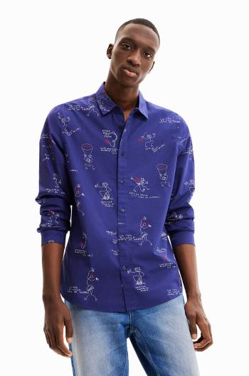 Bavlněné tričko Desigual tyrkysová barva, regular, s klasickým límcem
