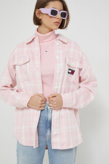 Košile Tommy Jeans dámská, růžová barva, relaxed, s klasickým límcem