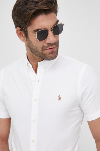 Bavlněné tričko Polo Ralph Lauren pánská, bílá barva, slim, s límečkem button-down