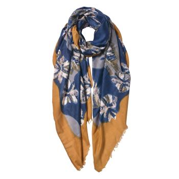 Modrý šátek s květy a okrovým lemováním - 85*180 cm JZSC0597Y