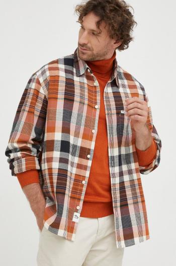 Bavlněné tričko Wrangler hnědá barva, relaxed, s klasickým límcem