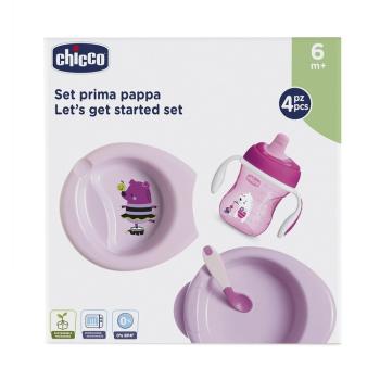 CHICCO Set jídelní - talíř, lžička, sklenka - růžový 6m+