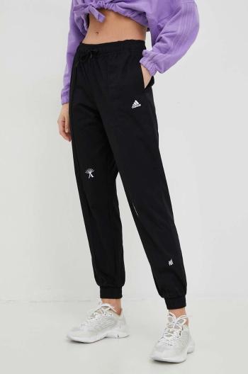 Bavlněné kalhoty adidas dámské, černá barva, s aplikací