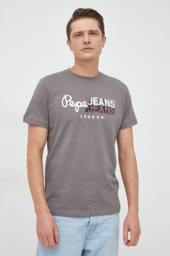 Bavlněné tričko Pepe Jeans Topher šedá barva, s potiskem