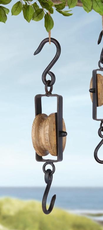 Dřevěná kladka s hákem rustico, 30 cm