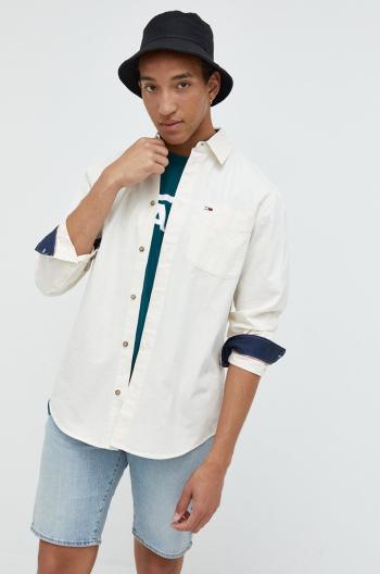 Bavlněné tričko Tommy Jeans béžová barva, relaxed, s klasickým límcem