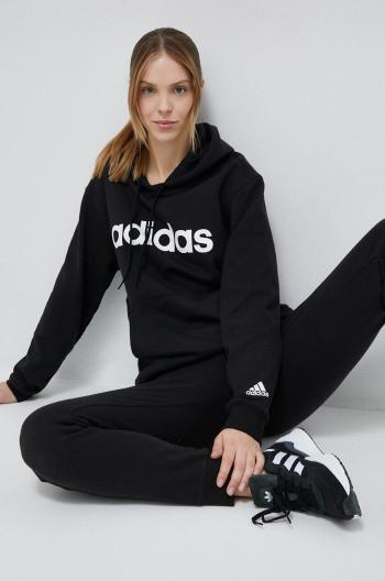 Bavlněná mikina adidas dámská, černá barva, s kapucí, vzorovaná