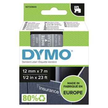 Dymo originální páska do tiskárny štítků, Dymo, 45020, S0720600, bílý tisk/transparentní podklad, 7m, 12mm, D1