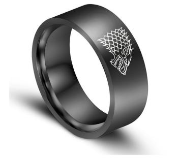 Ziskoun Černý prsten z chirurgické oceli se znakem Stark house z Games of Thrones- Hra o trůny SR000067 Velikost: 9