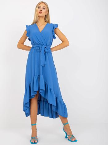 MODRÉ VOLÁNOVÉ MIDI ŠATY S PÁSKEM MB-SK-8551.52-BLUE Velikost: S/M