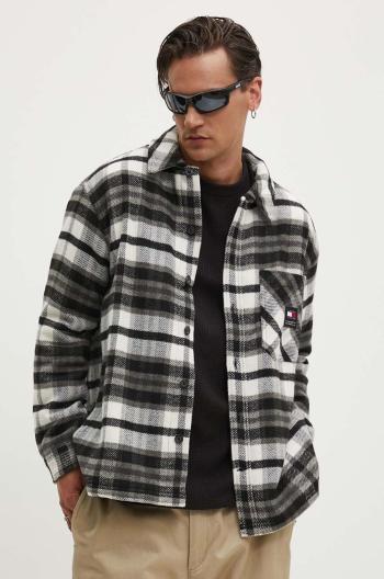 Košile Tommy Jeans TJM FLEECE LINED CHECK SHIRT EXT pánská, černá barva, relaxed, s klasickým límcem, DM0DM18325