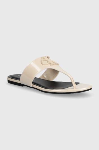 Žabky Calvin Klein Jeans FLAT SANDAL SLIDE TOEPOST MG MET dámské, béžová barva, na plochém podpatku, YW0YW01342