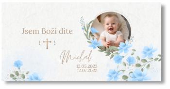 Banner na křtiny s fotkou - Blue Flowers Rozměr banner: 130 x 65 cm