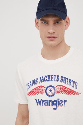Bavlněné tričko Wrangler béžová barva, s potiskem