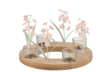 Hnědý dřevěný svícen na čtyři čajové svíčky s růžovými skleněnými květinami- 26*26*16 cm 2840