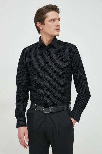 Bavlněné tričko BOSS černá barva, slim, s italským límcem