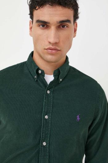 Manšestrová košile Polo Ralph Lauren pánská, zelená barva, slim, s límečkem button-down