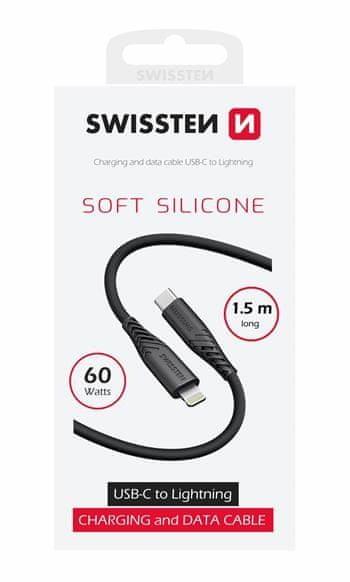 SWISSTEN DATOVÝ KABEL SOFT SILICONE USB-C / LIGHTNING 1,5 M 60W 71534010, černý