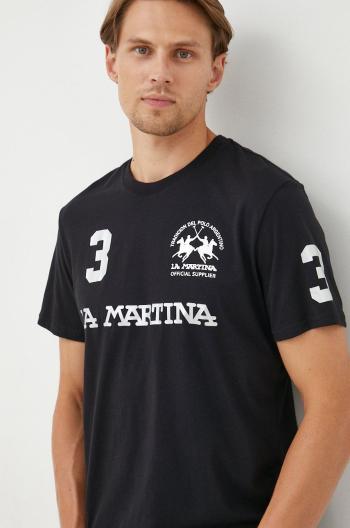 Bavlněné tričko La Martina černá barva, s potiskem