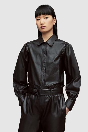 Kožená košile AllSaints dámská, černá barva, relaxed, s klasickým límcem
