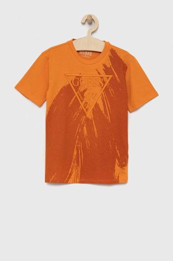 Dětské bavlněné tričko Guess oranžová barva, s aplikací