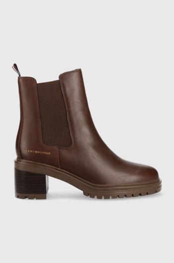 Kožené kotníkové boty Tommy Hilfiger Outdoor Chelsea Mid Heel Boot dámské, hnědá barva, na podpatku