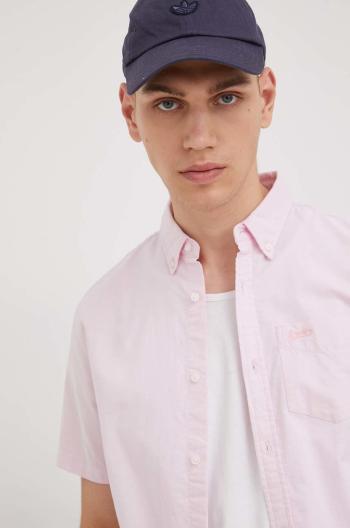 Bavlněné tričko Superdry pánská, růžová barva, regular, s límečkem button-down