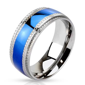 Ocelový prsten - modrý pruh uprostřed, vroubkované okraje - Velikost: 65