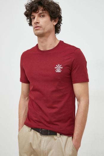 Bavlněné tričko Guess vínová barva, s aplikací