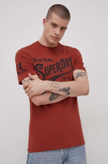 Bavlněné tričko Superdry hnědá barva, s potiskem