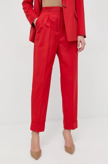 Vlněné kalhoty BOSS dámské, červená barva, jednoduché, high waist
