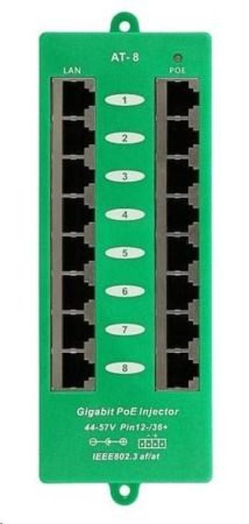 POE injektor panel aktivní gigabitový - 8 portů, stíněný, svorkovnice, 802.3af/at, INJ-PAN8-GB-AF/AT
