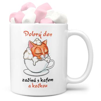 Hrnek Dobrý den začíná s kočkou (Náplň hrníčku: Marshmallow)