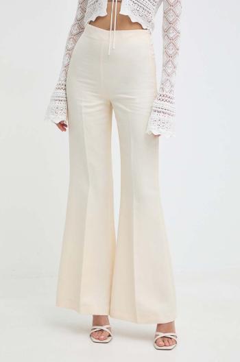 Kalhoty s příměsí lnu Twinset béžová barva, high waist