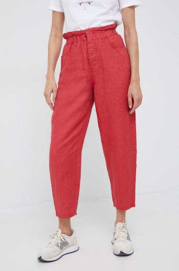 Plátěné kalhoty United Colors of Benetton dámské, červená barva, jednoduché, high waist