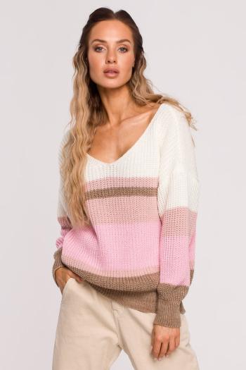 Hnědo-růžový proužkovaný pulovr M686