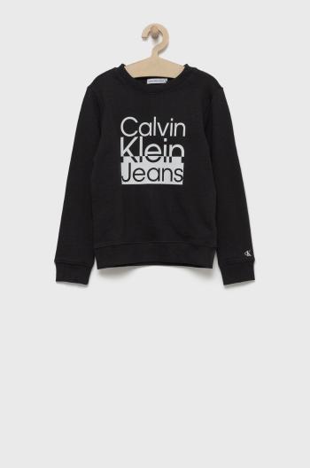 Dětská bavlněná mikina Calvin Klein Jeans černá barva, s potiskem